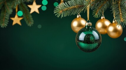 Christmas tree branch with green and gold balls and stars decorations hanging on dark green background