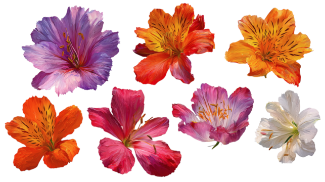 Collection of blooming flowers with vivid petals in a generative AI style, isolated on transparent