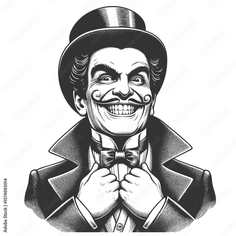 Poster theatrical man with curled mustache and wide grin, adjusting bow tie with intense expression sketch 