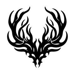 Naklejka premium An icon of a ritualistic headdress made from large deer antlers. The icon is symmetrical, with the bold, curving black shapes of the antlers rising like a crown from an unseen head.