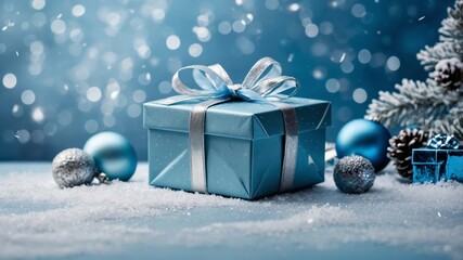 Christmas gift box with silver ribbon and blue ornaments on snowy surface