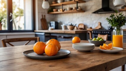 Fresh oranges bringing vibrancy to rustic kitchen table
