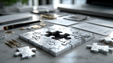 **A Business-Themed Image Symbolizing Internal Weaknesses, Showing A Cracked Puzzle With A Missing Central Piece On A Gray Desk. Around The Puzzle, Scattered Paper Clips, Broken Pencil, And Wrinkled S