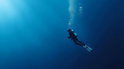 Diver in Deep Blue Ocean.
