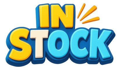 Dynamic blue bubble sticker with IN STOCK offer in bold 3D style, vibrant retail promotion on transparent background.