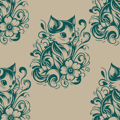Whimsical Cat Floral Seamless Pattern, Teal Botanical Beige Print