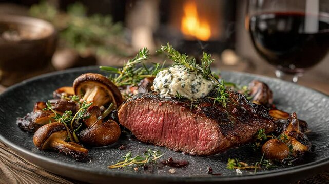 Barbecue deer haunch on a slate slab with cranberry sauce and mushrooms