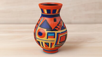 Handmade Artistic Vase with Geometric Patterns on Wooden Surface