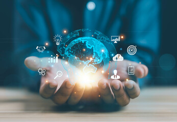Hands showing the world of digital marketing, business concept, technology, international market,...