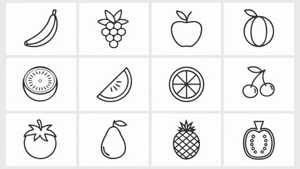Collection of simple outline icons representing various fresh fruits and vegetables