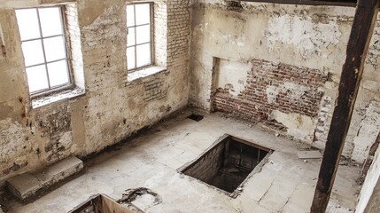 Overgrown, dilapidated interior of an old building showing decay, exposed brick, and a gaping hole in the floor