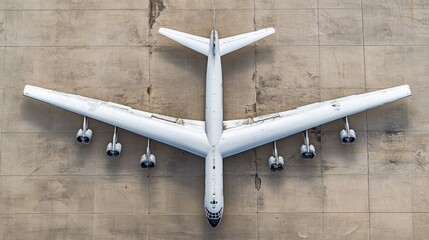 Overhead view of a large, white, military aircraft with swept-back wings and multiple engines, sitting on a tarmac