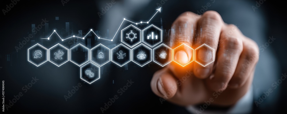 Poster businessman interacting with augmented technology and data visualization on a tablet device