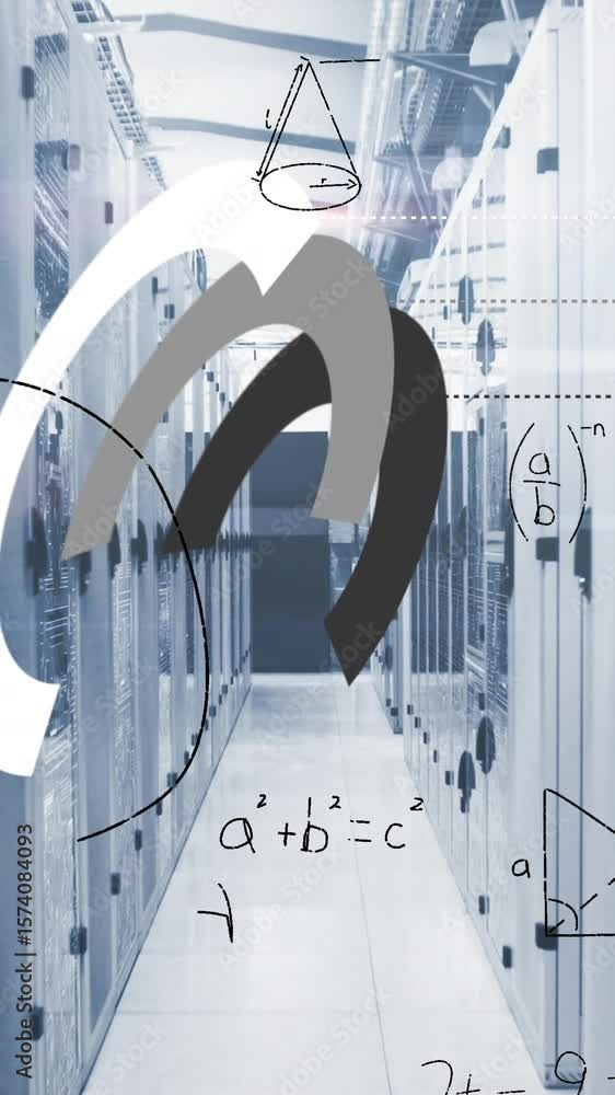 Poster animation of uploading data roundel and maths calculations over computer server room