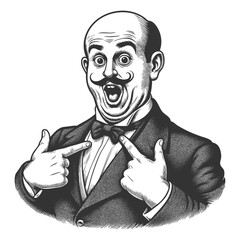 bald man with mustache, wearing a bow tie and pointing at himself in shock sketch engraving generative ai fictional character vector illustration. Scratch board imitation. Black and white image.