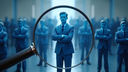 Man in suit stands out in crowd viewed through magnifying glass in blue toned business setting