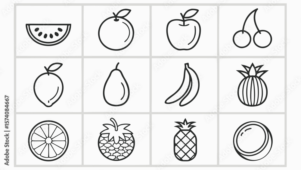 Poster collection of simple line art icons representing various fruits in a grid layout