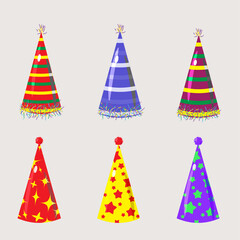 Party hat set. Cute birthday cone caps in bright colors. Festive paper caps collection.
