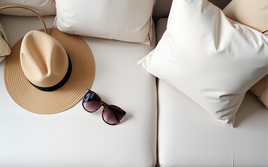 Flatlay of women's fashion accessories. Stylish female sunglasses, straw hat, shopper bag on white lounge couch with pillows. Top view. High quality