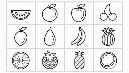 Collection of simple line art icons representing various fruits in a grid layout