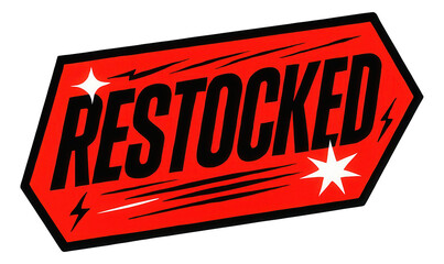 Red angular sticker with RESTOCKED in bold black lettering, energetic retail promo on transparent background.