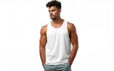 Man png mockup in white tank top summer apparel full body set. High quality