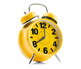 Bright yellow retro alarm clock with twin bells on transparent background. Classic style showing...