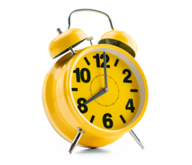 Bright yellow retro alarm clock with twin bells on transparent background. Classic style showing 8:00. Great for time-related designs and wake-up concepts in PNG format.