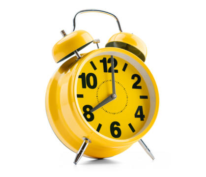 Bright yellow retro alarm clock with twin bells on transparent background. Classic style showing 8:00. Great for time-related designs and wake-up concepts in PNG format.
