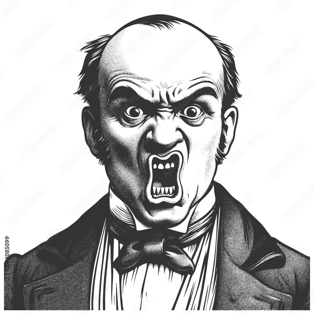 Poster bald man in formal attire, mouth wide open in rage, showing intense anger and emotion sketch engravi