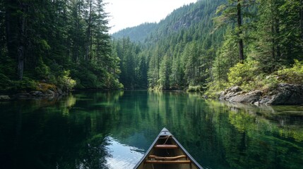 Obraz premium A scenic lake surrounded by green trees, perfect for a summer canoeing adventure.