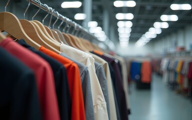 Rows of Clothing on Hangers in a Modern Warehouse. High quality