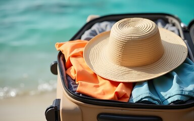 Tropical vacation packing essentials: summer clothes, sunscreen, straw hat in suitcase. High quality