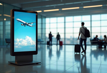 A digital display screen in an airport terminal showing a commercial airplane ascending into a bright blue sky with fluffy clouds, with blurred figures of travelers in the background, highlighting tra
