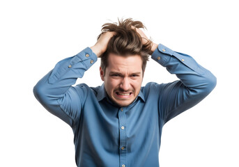 Man pulling hair in frustration wearing a blue collared shirt on transparent background