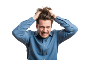 Man pulling hair in frustration wearing a blue collared shirt on transparent background