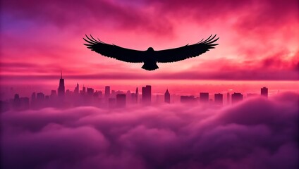 Soaring Spirit: A majestic silhouette of a bird of prey glides effortlessly through a vibrant, crimson sky above a modern city landscape, embodying freedom and aspiration.