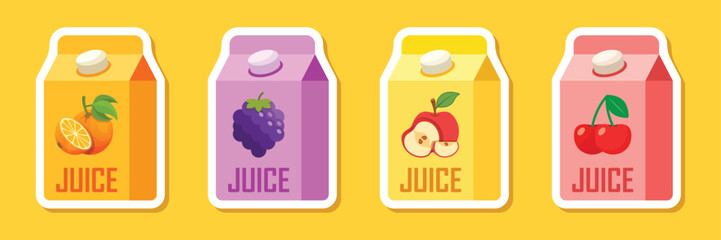 Grape, Cherry, Apple, Orange juice paper sticker icon set collection in flat style. Organic drinks vector illustration on isolated background. Healthy cocktails sign business concept.