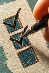 Hand completing checklist with pencil against blue textured background