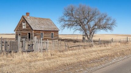 Obraz premium A weathered wooden farmhouse, partially enclosed by a dilapidated fence, stands alone on a vast, dry, flat prairie landscape under a clear blue sky, beside a leafless tree