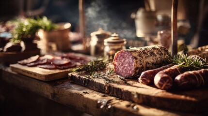 A selection of gourmet sausages and cured meats on a butchers table.
