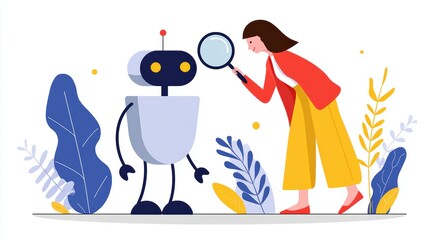 Curious Woman Examining Robot Character with Magnifying Glass in a Colorful Animated Setting
