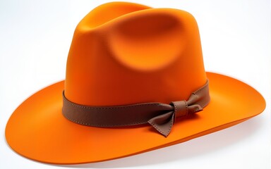A vibrant orange hat adorned with a rustic brown ribbon wrapped around its brim. High quality
