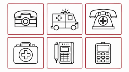 Set of six medical and communication icons including telephones ambulance first aid kit and calculator