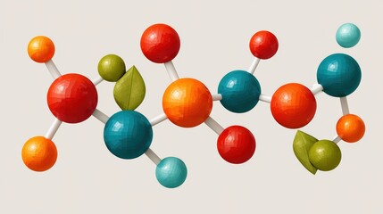 Colorful Molecular Structure Representation with Spheres and Leaves on a Light Background