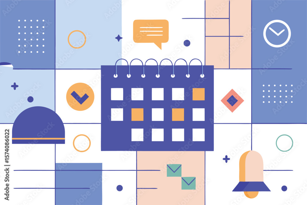 Poster a modern abstract composition depicting a calendar with icons representing time management and plann