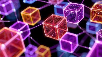 Colorful 3D Abstract Graphic of Glowing Cubes Connected in a Digital Network