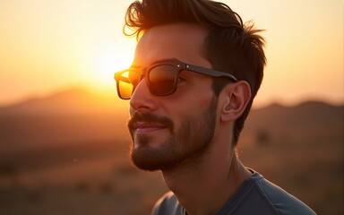 Man in sunglasses, sunset, outdoor portrait. High quality