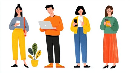 Group of Diverse Young People Engaged in Digital Communication with Smartphones and Laptop