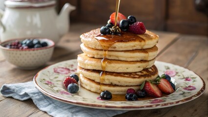 Stack of fluffy pancakes topped with berries and maple syrup